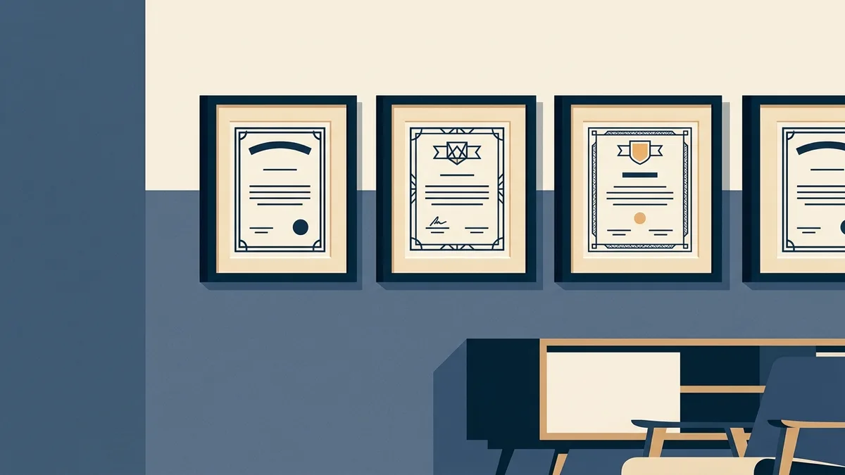 Several separately framed license certificates on a wall, one per state, rather than a single portable credential.