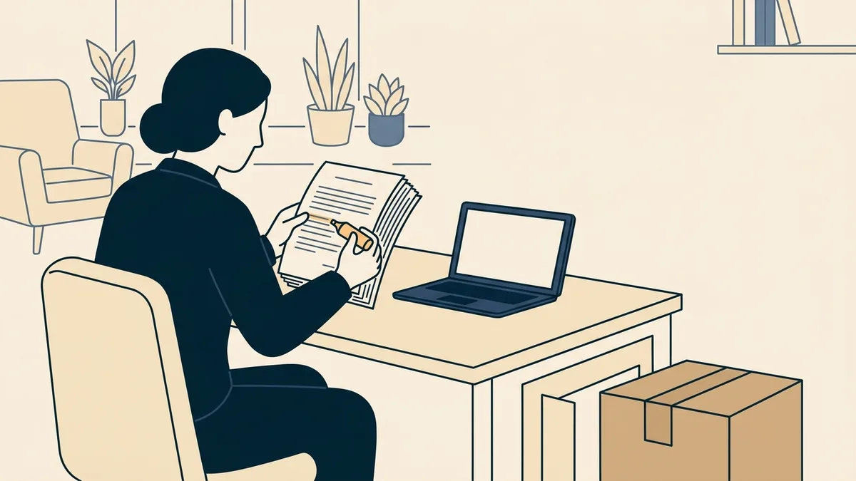 A therapist reading an insurance policy with a highlighter, with a moving box nearby.