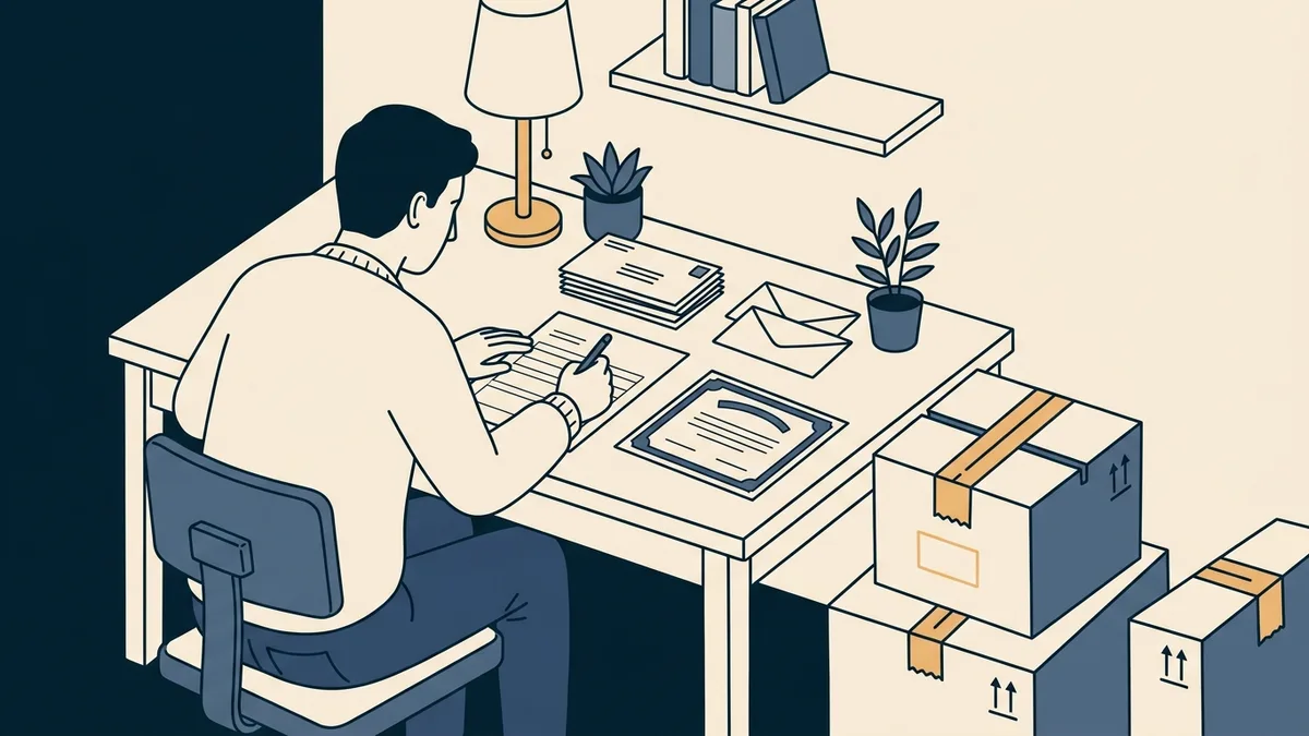 A person filling out a change of address form at a home office beside moving boxes, a marriage certificate and a stack of mail.