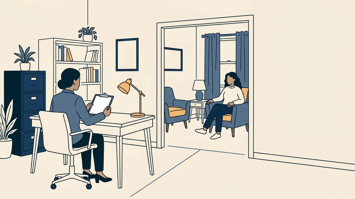 A therapist and client in separate rooms divided by a state line on the floor.