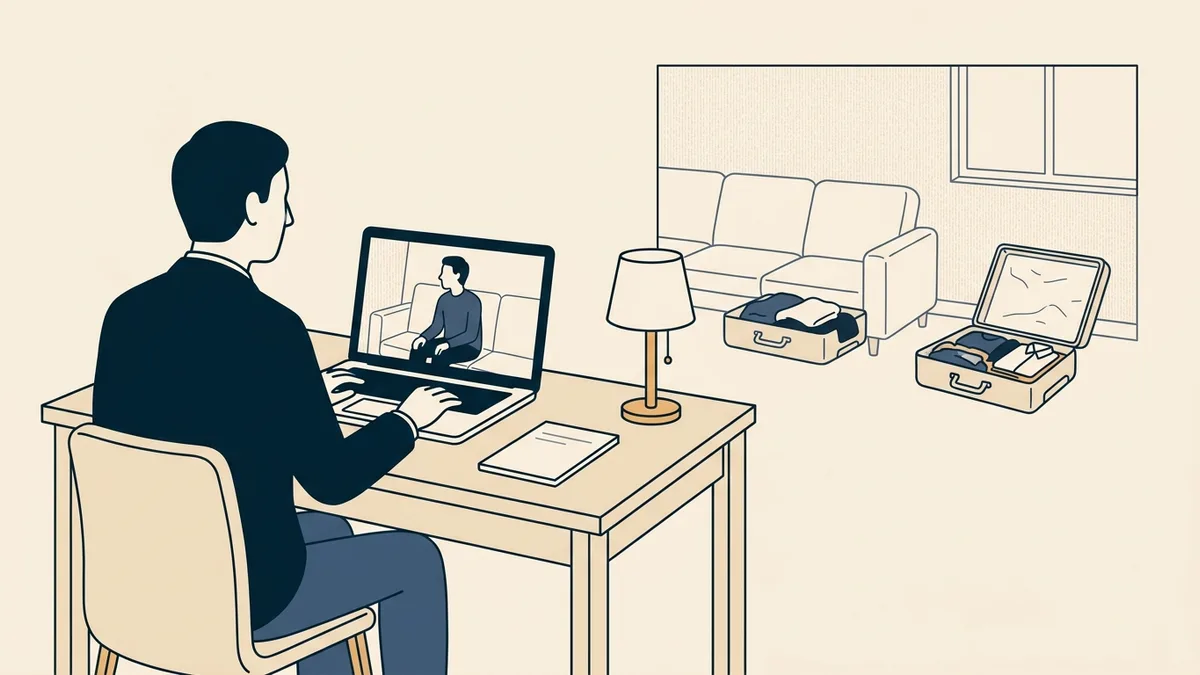 A therapist on a video call with a client who is sitting in a vacation rental with a suitcase.