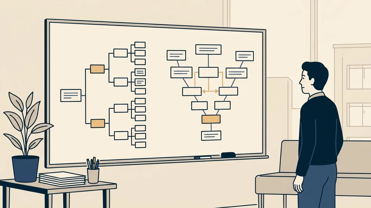 Two contrasting process diagrams on a whiteboard comparing a many-license route with a single-privilege route.