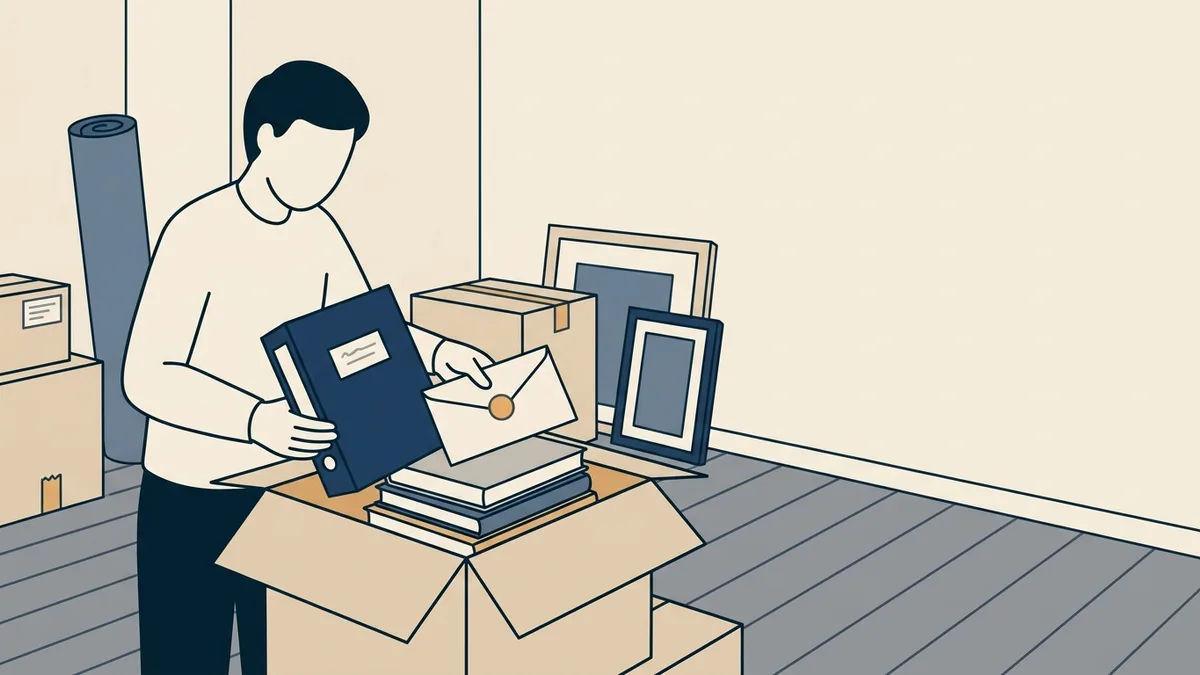 A young therapist places a binder of signed hour logs and a supervisor's letter into a moving box.
