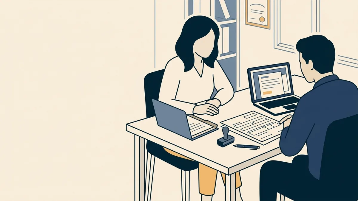 A therapist and an accountant reviewing business registration paperwork at a small conference table.