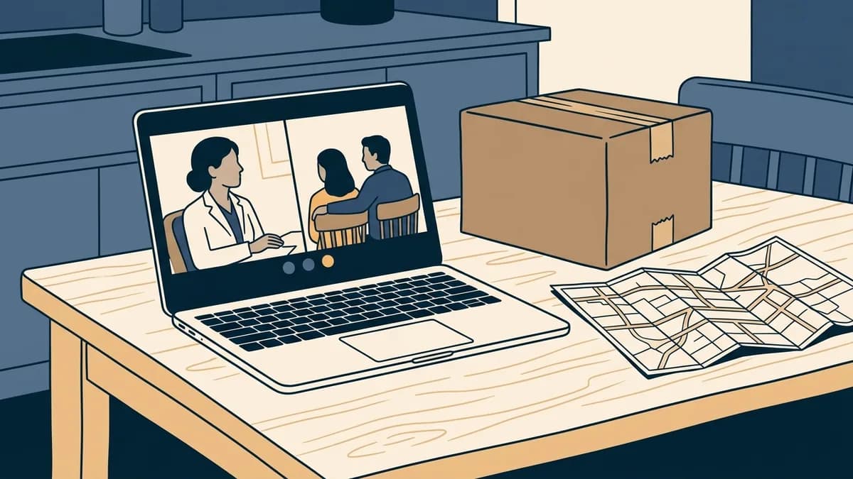 A laptop on a kitchen table shows a video call with a couple, next to a moving box and a road map.