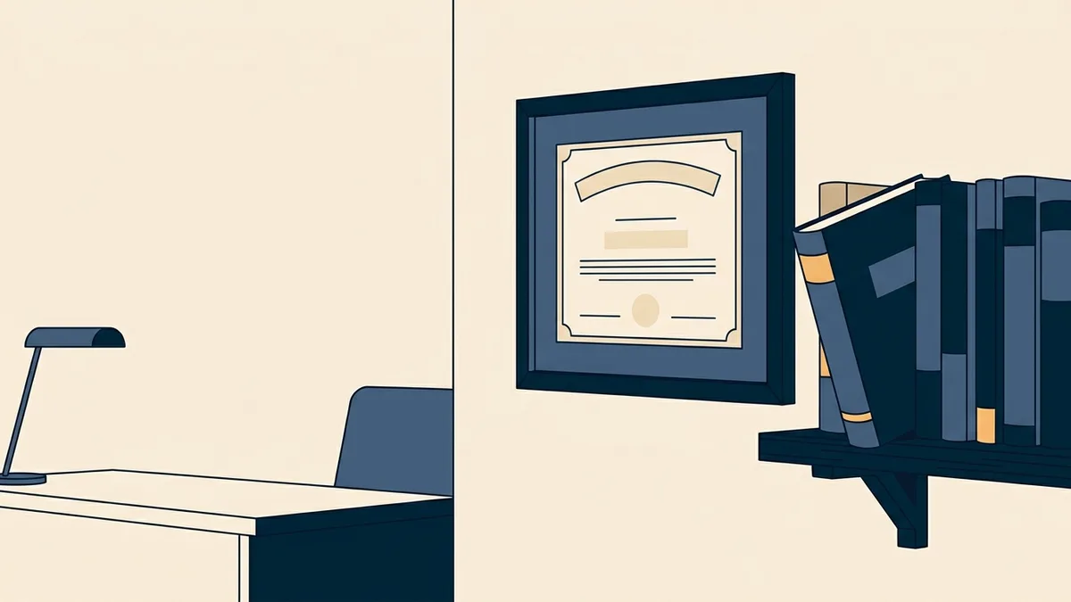 An accreditation certificate beside a shelf of course catalogs, contrasting the two ways a board can evaluate education.