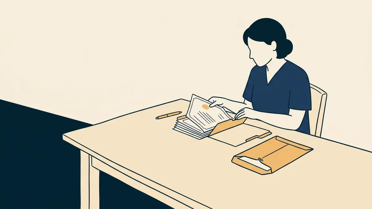 A clinician sorting continuing education certificates into folders beside an opened letter from a licensing board.
