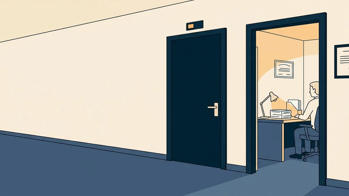 Two adjacent doors in a licensing office, one open and one closed, showing two professions regulated together but not covered together.