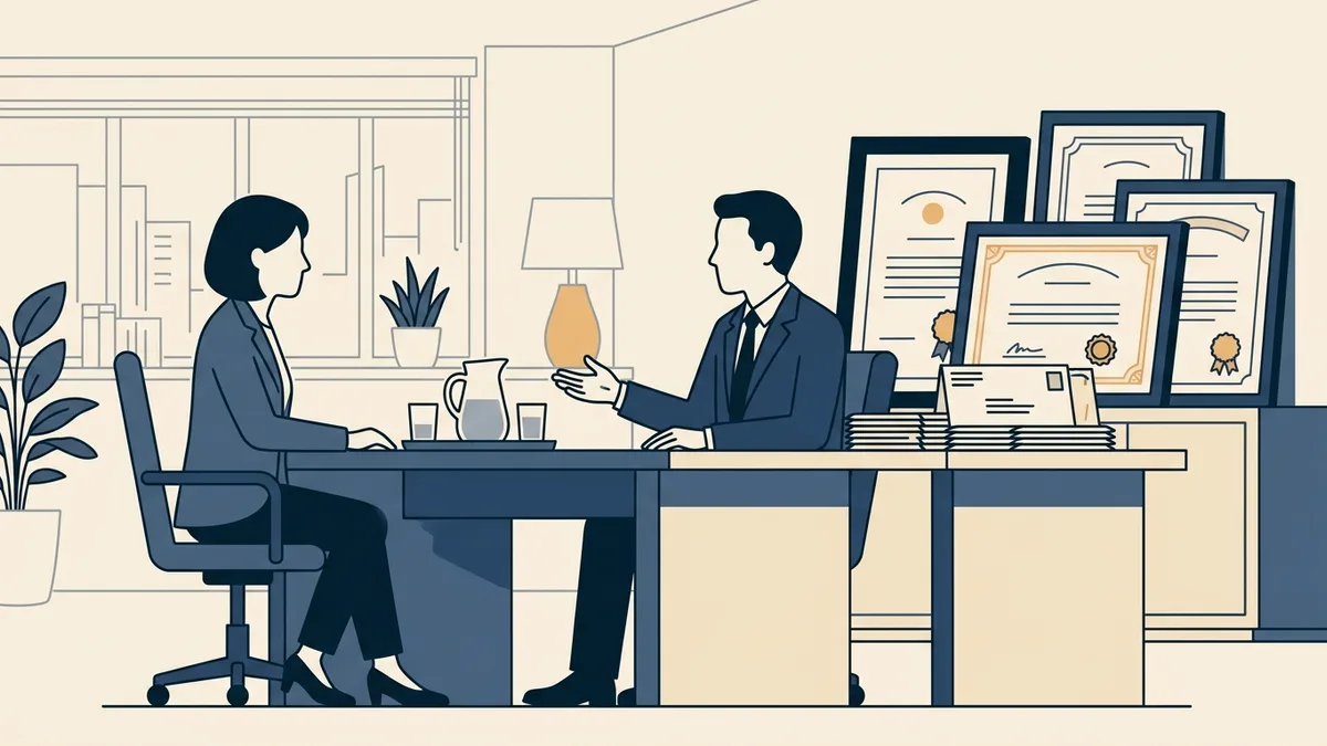 A therapist meeting with an attorney at a conference table beside a stack of board letters and framed licenses.