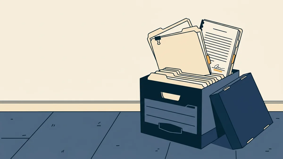 An archive box of dated supervision records being searched years after the fact.