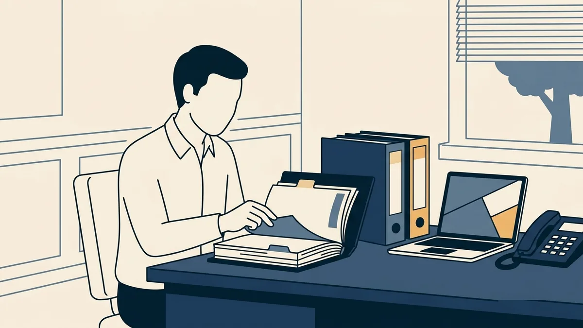 A therapist reviewing several tabbed reference binders beside a laptop and a desk phone.