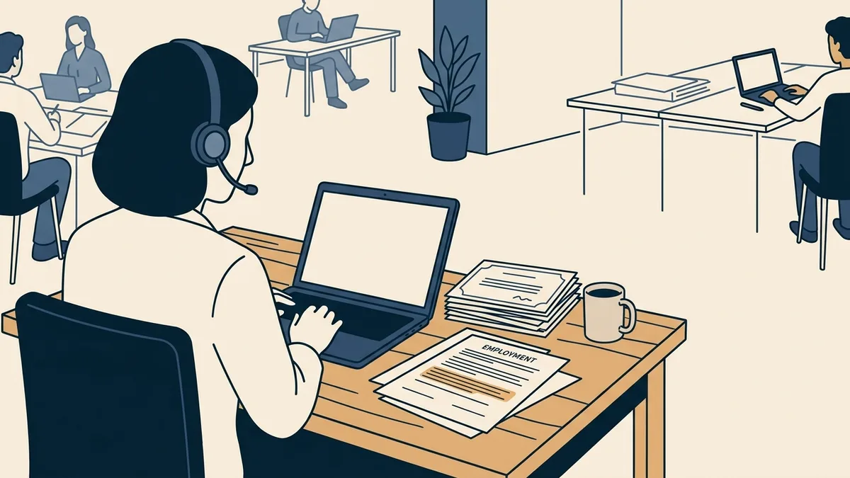 A clinician with a headset at a laptop beside license certificates and a highlighted employment contract.