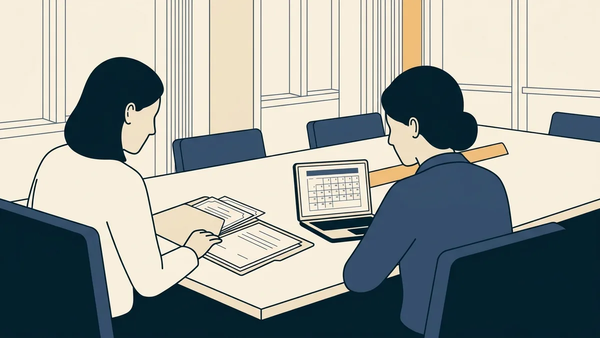 A therapist and a practice director reviewing an employment agreement with license certificates on the table.