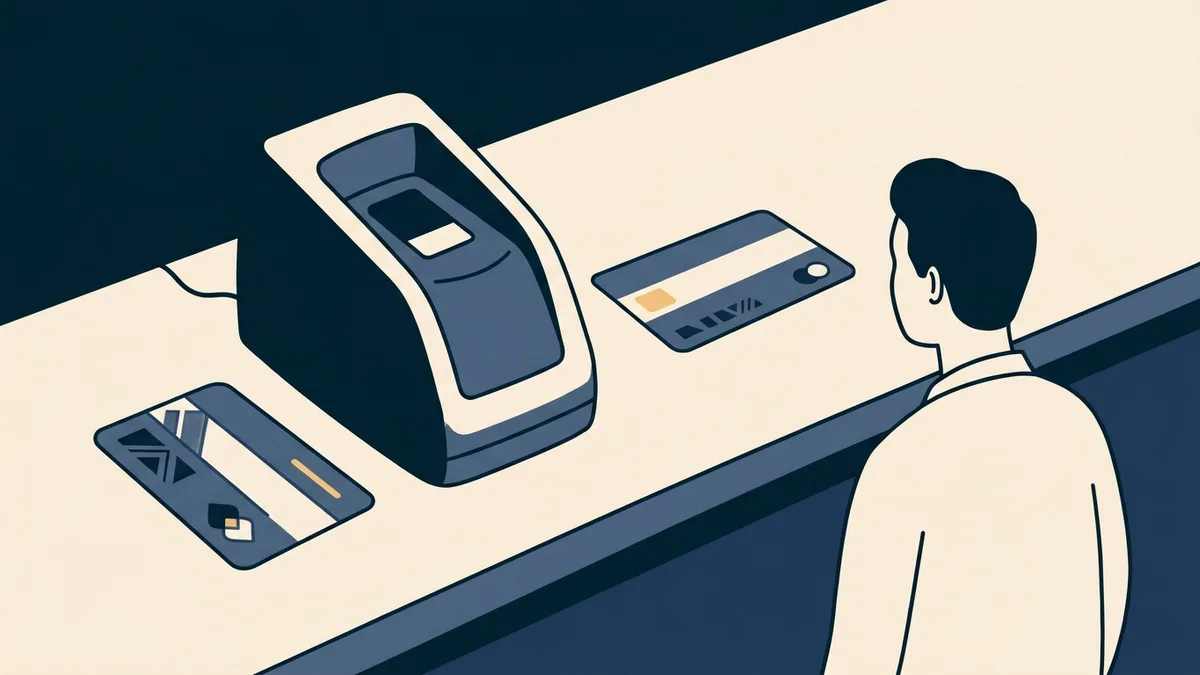 A fingerprint capture station with an appointment card, representing the background check step.