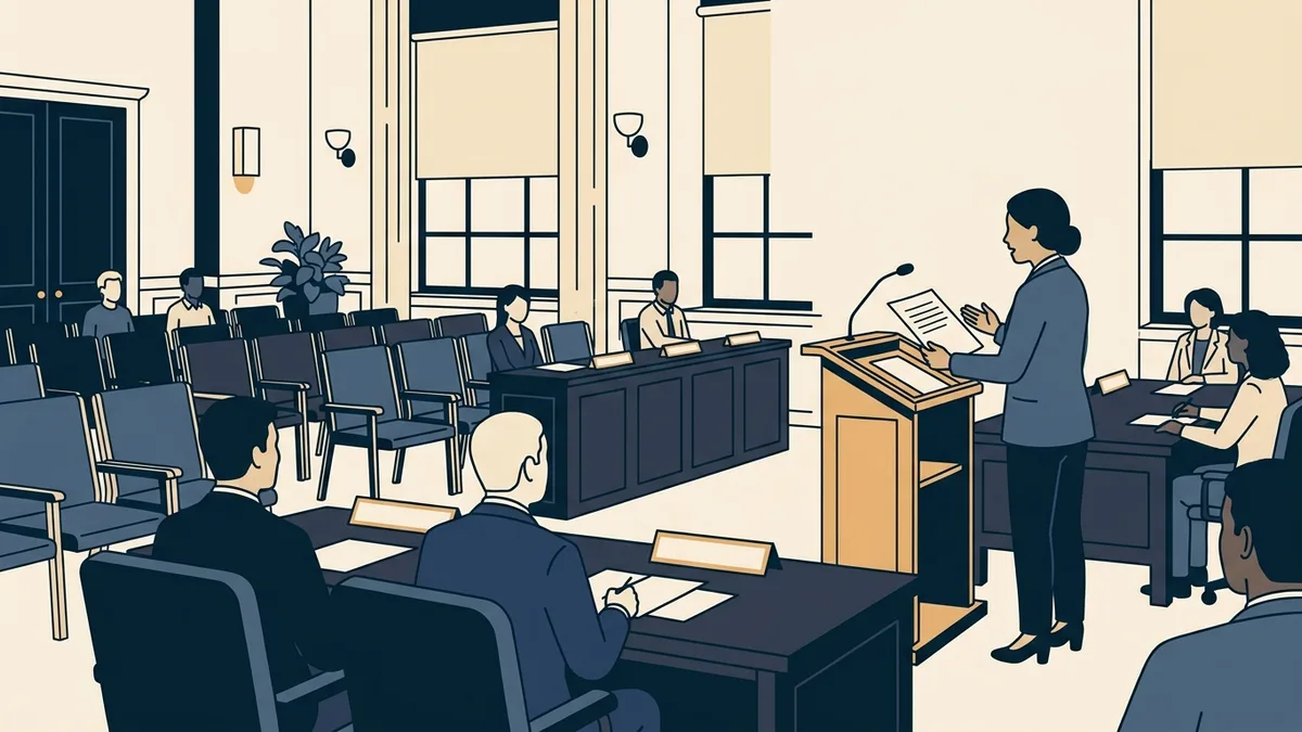 A therapist speaking at a podium microphone in a public hearing room facing a licensing board seated at a long table.