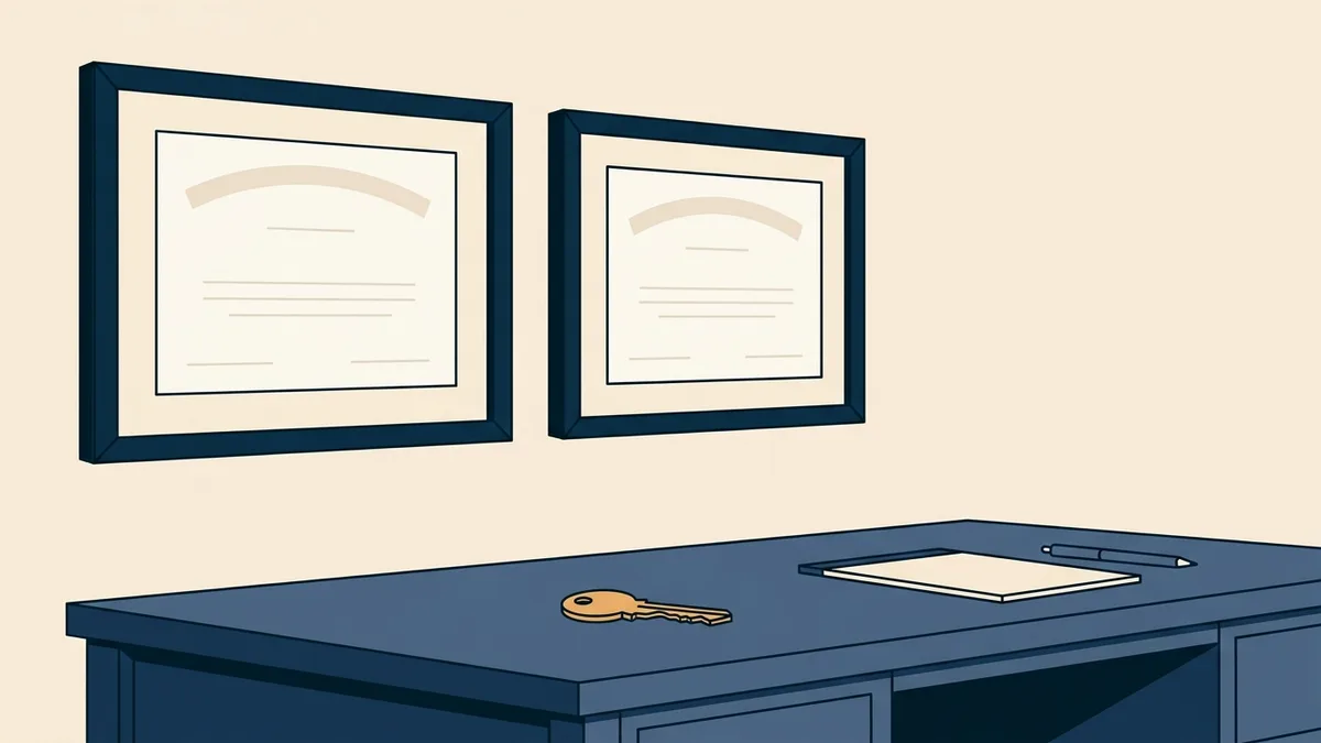 Two framed license certificates hung side by side above a therapist's desk.