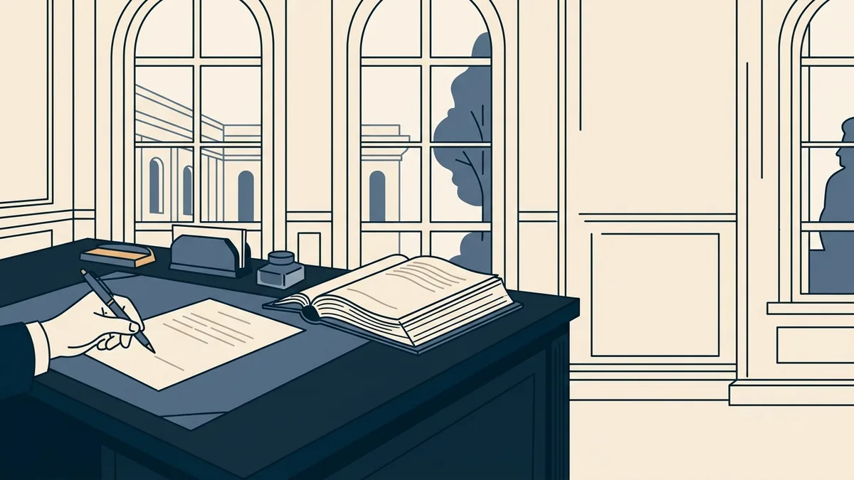 A pen poised over a signature page beside an open volume of regulations in a wood-paneled office.