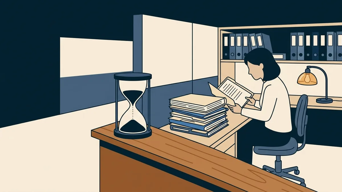 An hourglass on a licensing counter while a clerk works through a stack of application folders.
