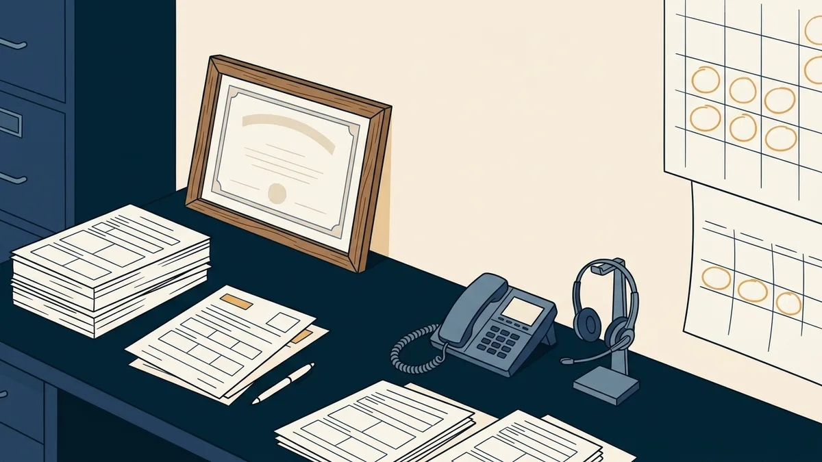 A therapist's desk with stacks of insurance applications, a framed new license, a headset, and a marked calendar.