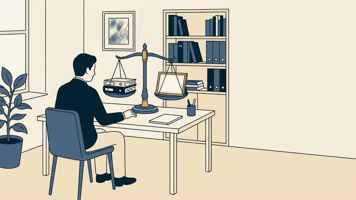 A therapist weighing a decision with a balance scale holding client folders and a certificate.