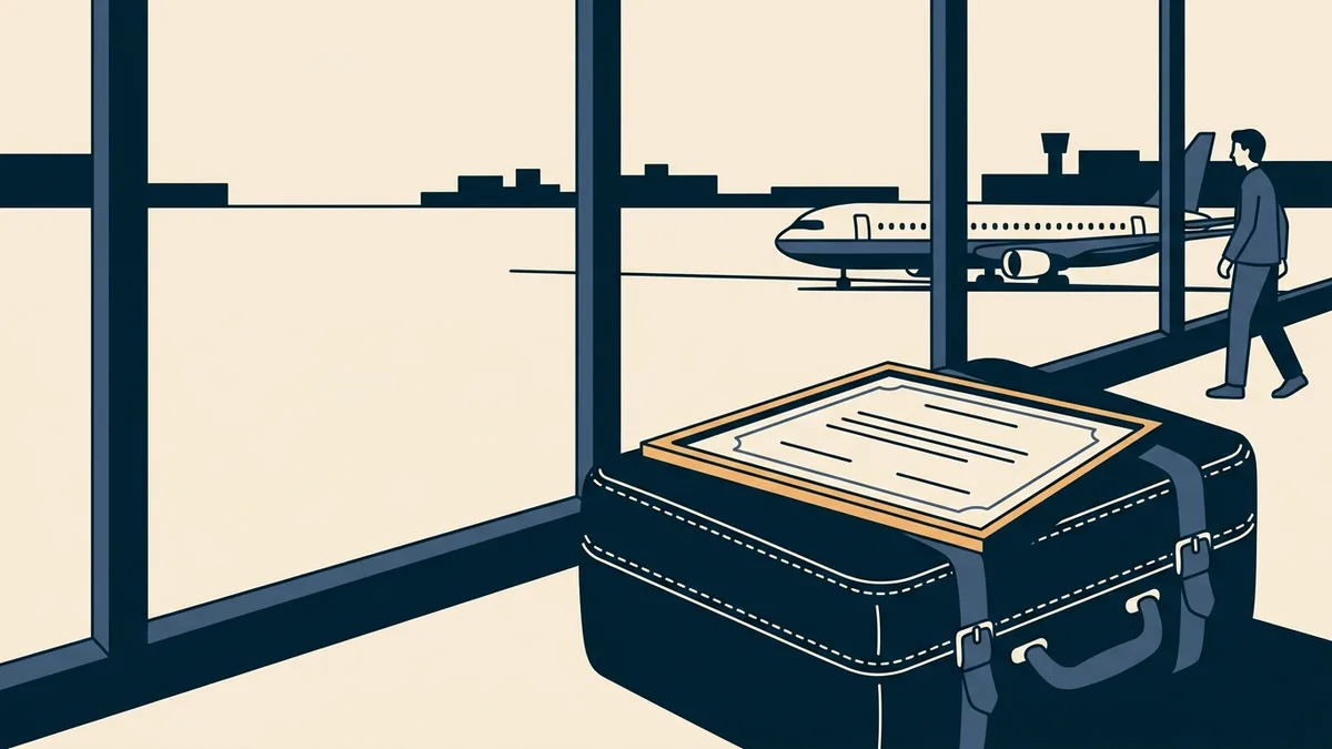 A framed license resting on a packed suitcase by an airport window with a plane outside.