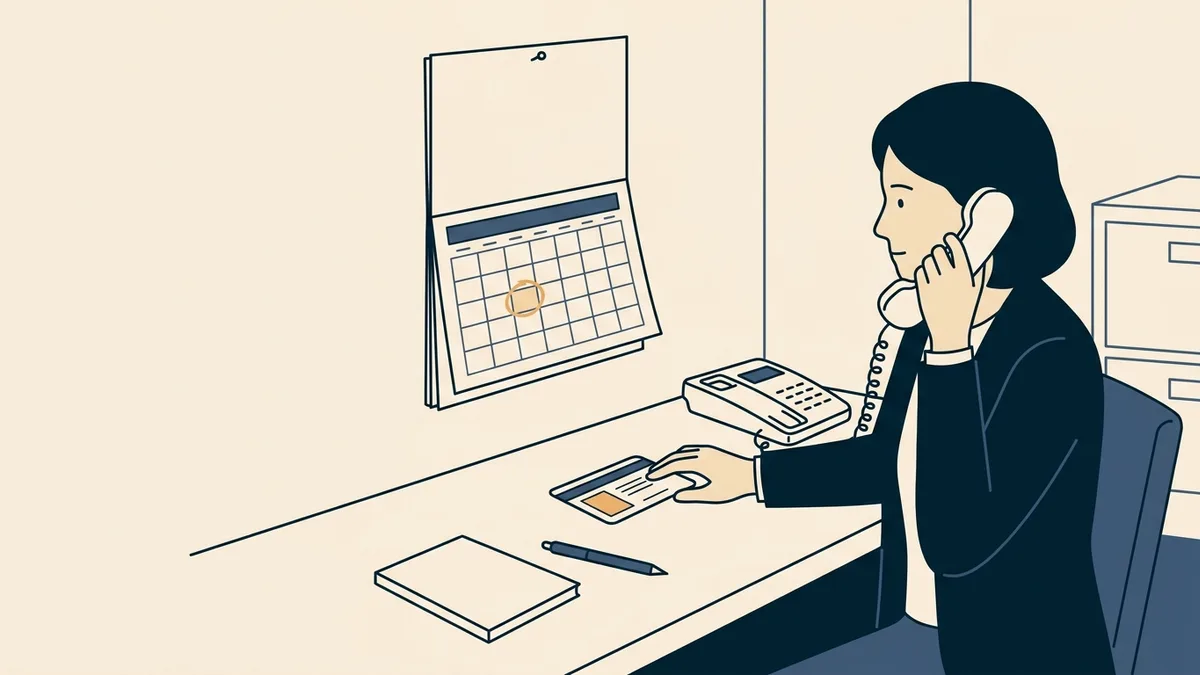 A therapist on the phone at a desk, looking at a license card beside a calendar with a past date circled.