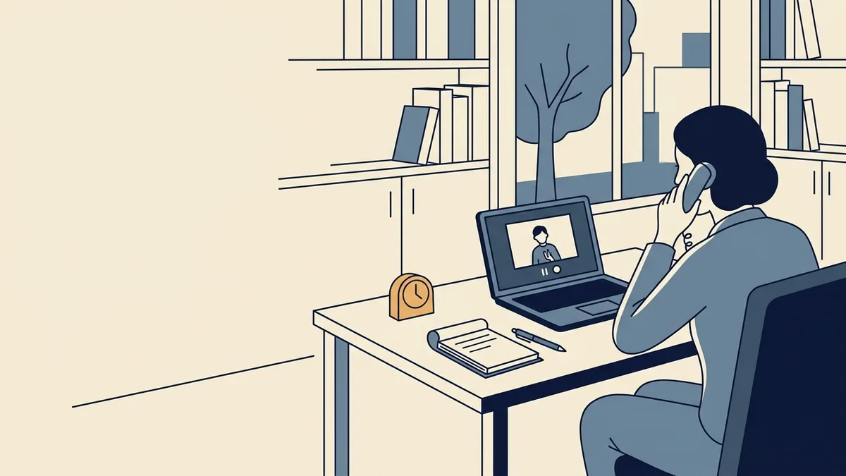 A therapist on a desk phone next to a laptop with a paused video call and a notepad.