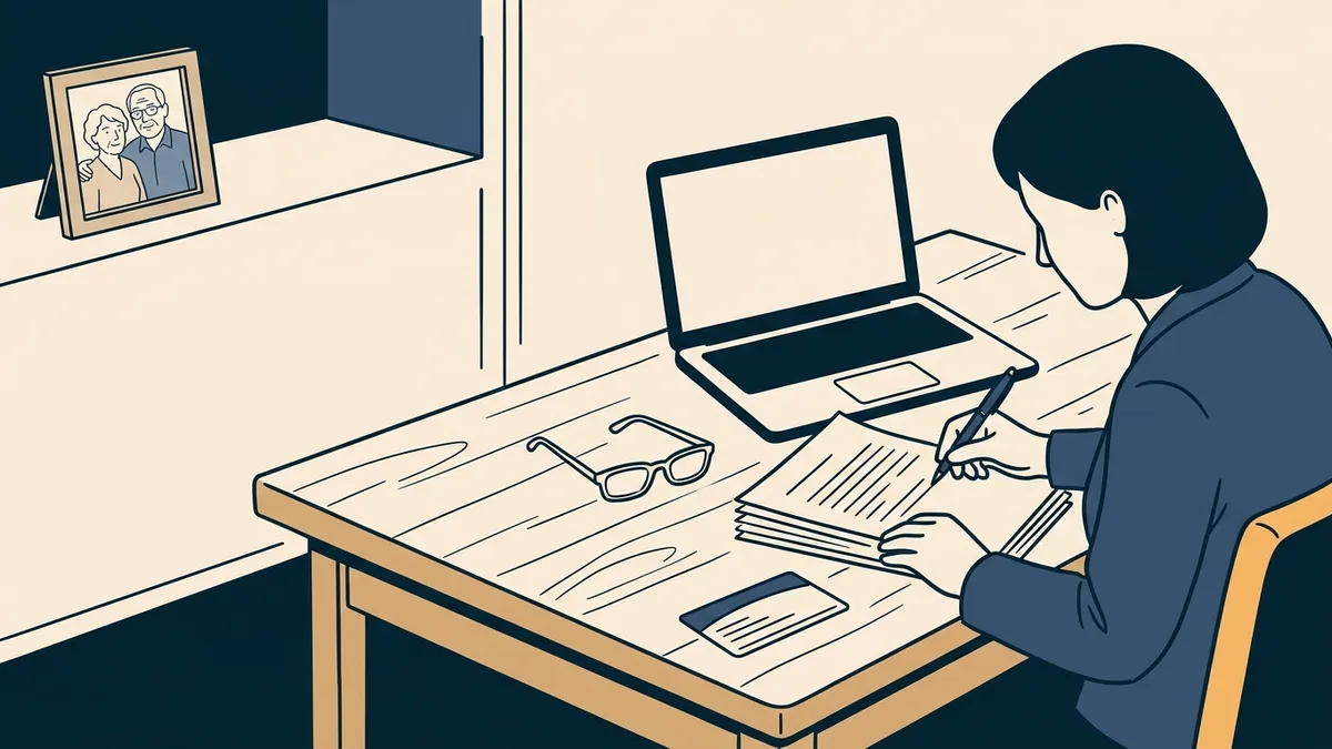 A therapist at a desk completing a Medicare enrollment application next to a laptop and a Medicare card.