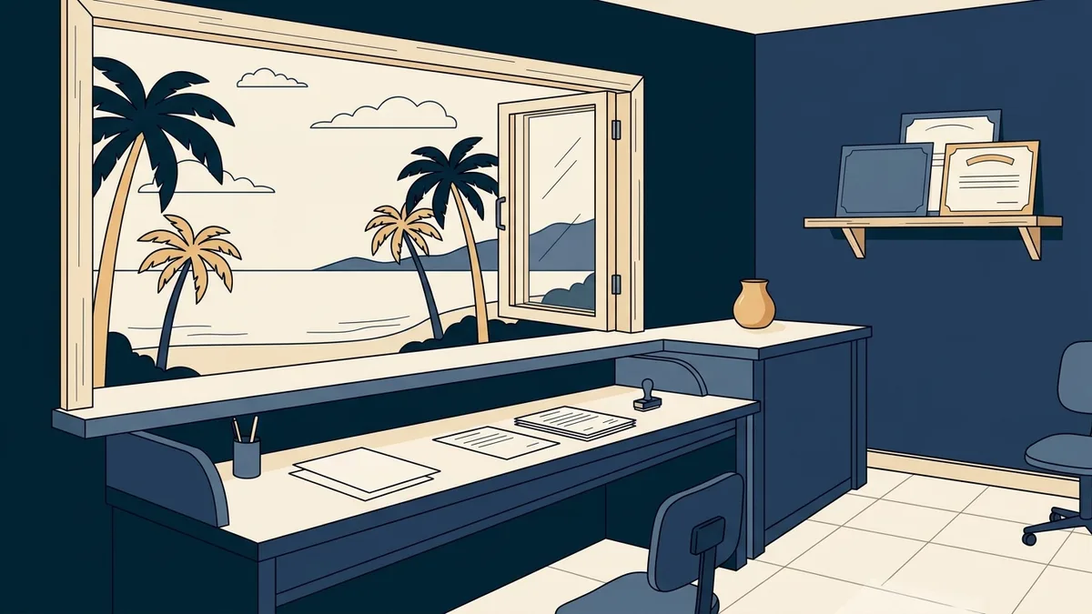A small island licensing office with palm trees and ocean visible through the window.