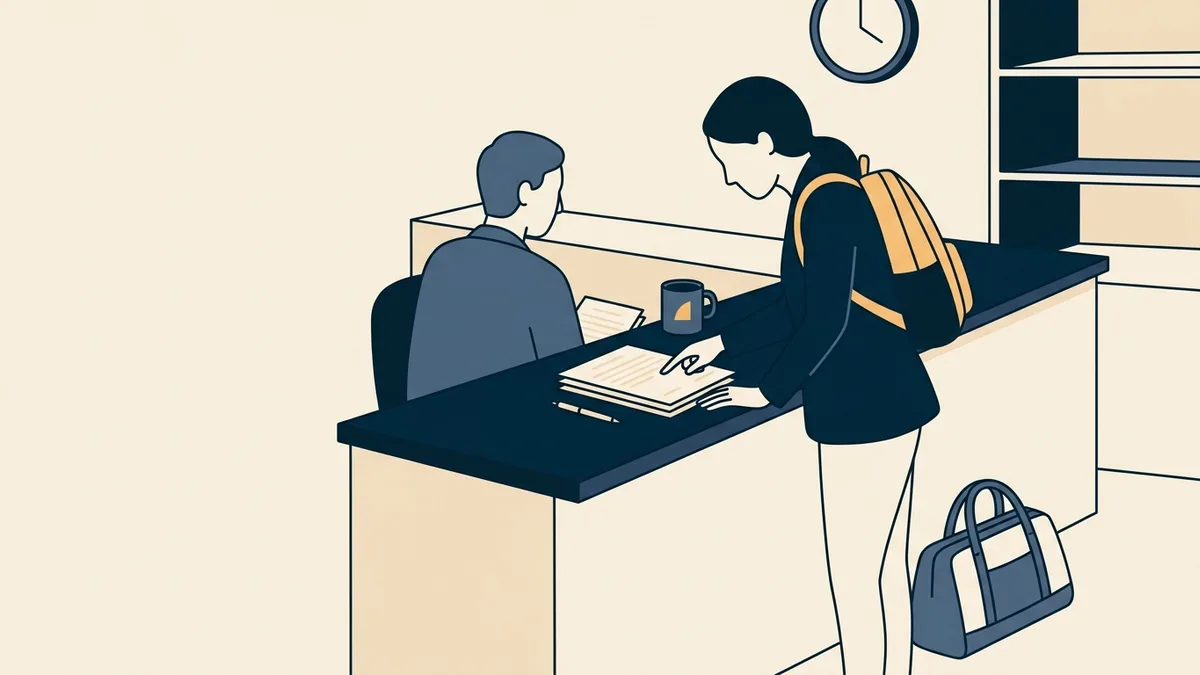 A student therapist and site supervisor review a placement agreement at a community agency front desk.