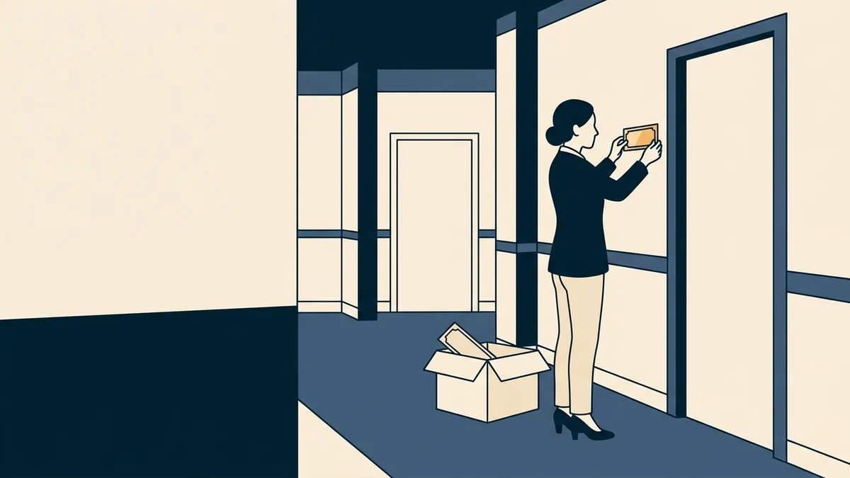 A therapist replaces the nameplate beside an office door while the old plate sits in a moving box.