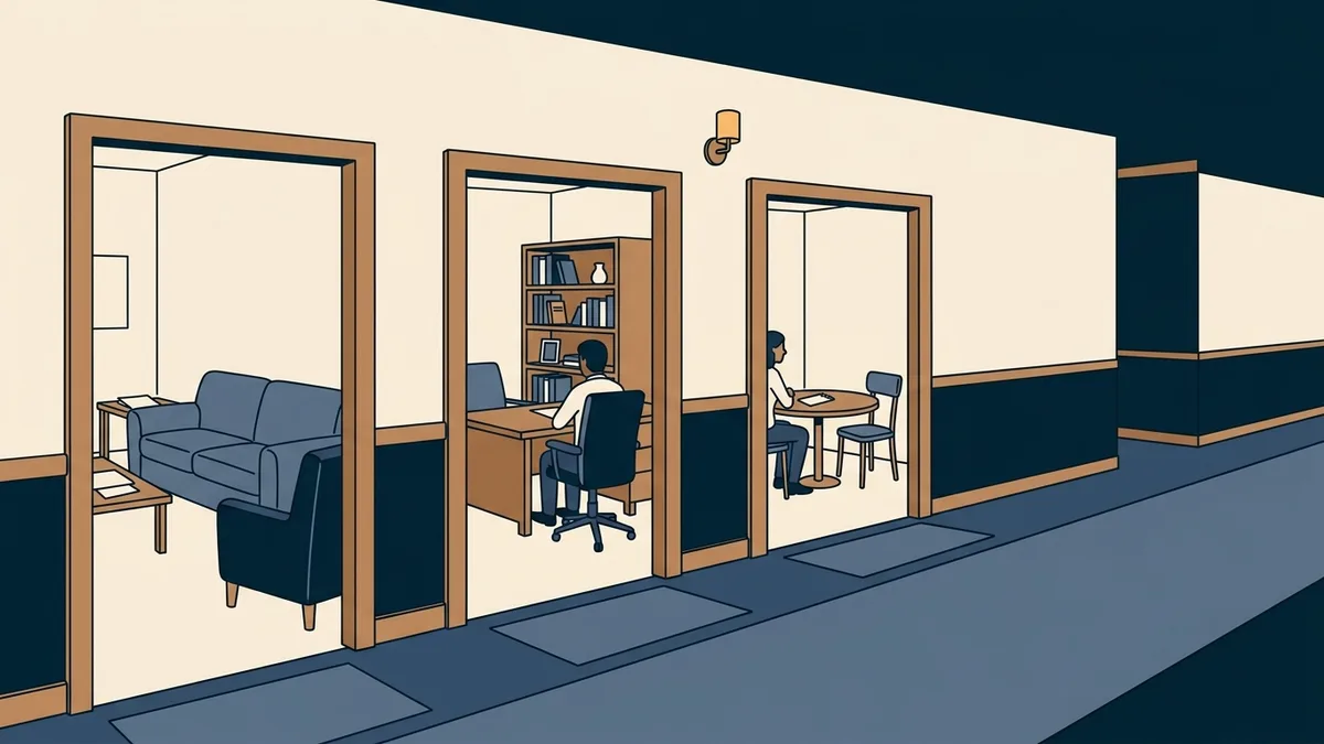 Three open doors revealing three differently furnished therapy rooms along one hallway.