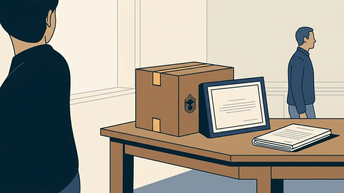 A packed moving box beside a framed license and folded orders, representing a military family relocation.
