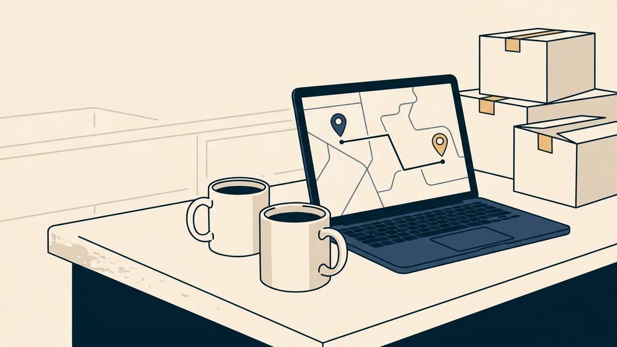 A kitchen with packing boxes and a laptop showing a route between cities, representing a relocation for a partner's job.