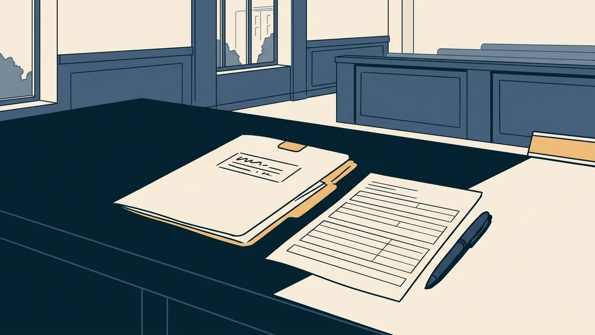 A case folder beside an application form on a hearing table, representing disclosure of a past board matter.
