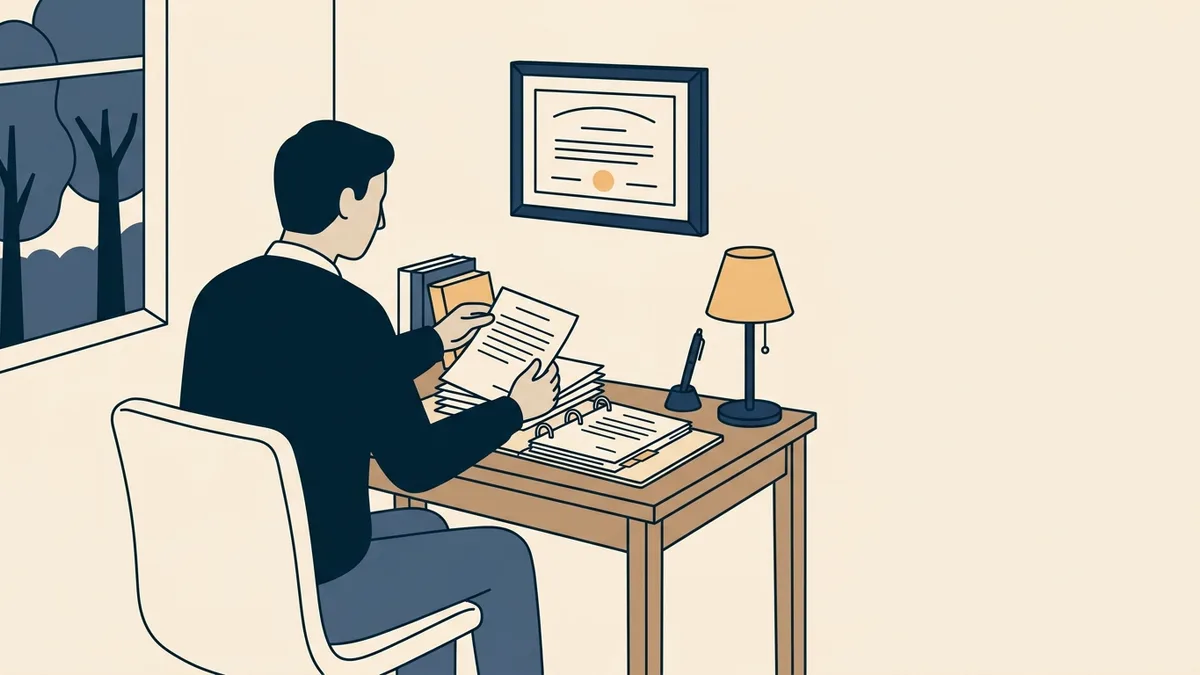 A newly licensed therapist organizing supervision records into a binder beneath a framed license.