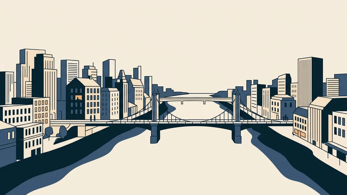 A metro area divided by a river and state line, with a therapy office on one side and a bridge to the other.