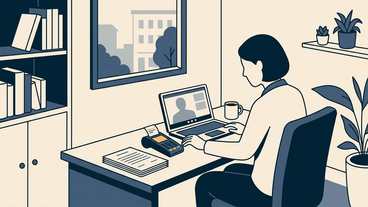 A therapist in a video session with a card reader and blank consent forms on the desk.