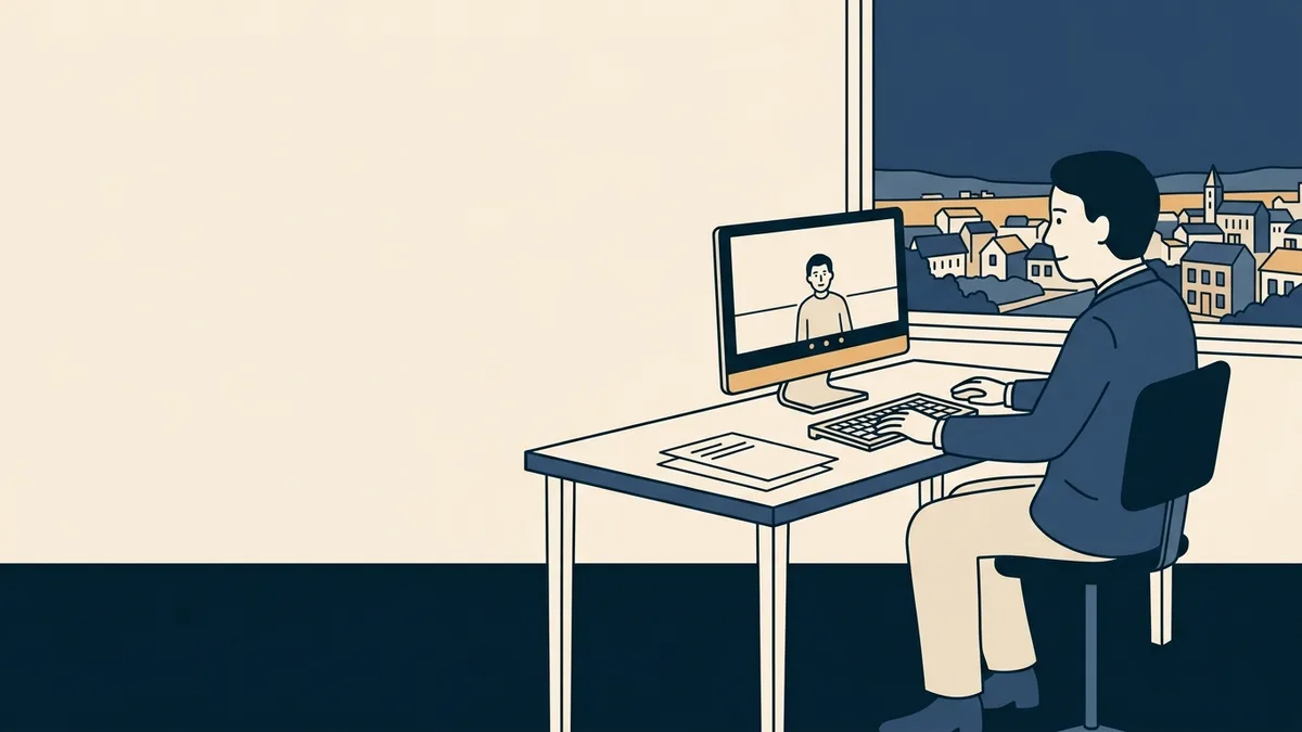 A therapist in a telehealth session with a distant town visible through the window, showing that the client's location governs.