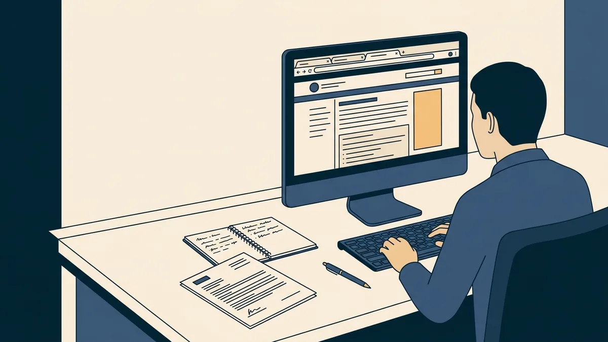 A person at a desk reviewing a government website on a monitor with notes and a printed application packet nearby.