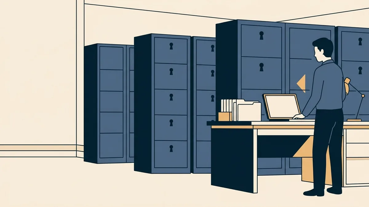 Locked filing cabinets in a records room next to a desk with a laptop and a stack of folders.