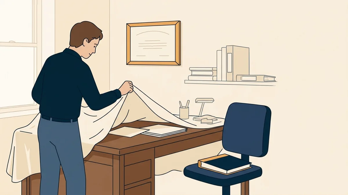 A home office being reopened after a long break, with a license certificate and continuing education binder.