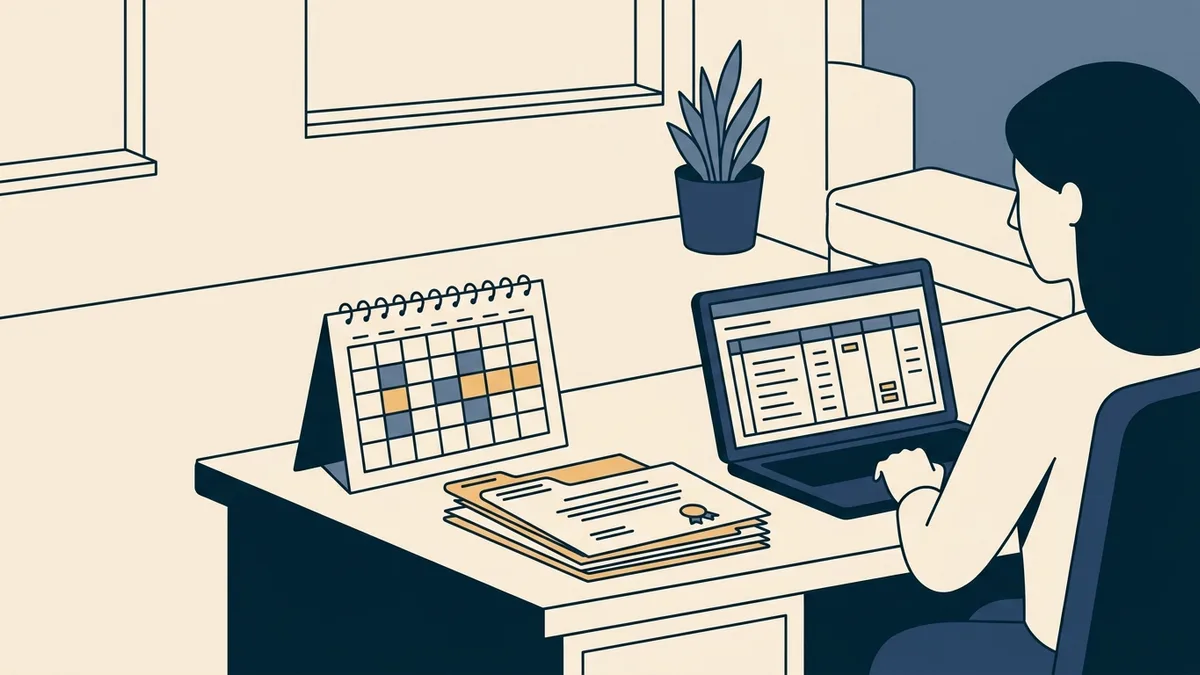A desk with a wall calendar marked with renewal dates, folders of continuing education certificates, and a laptop open to a spreadsheet.