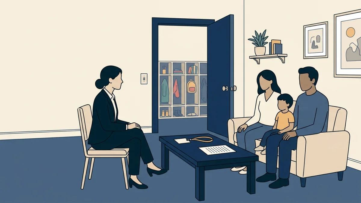 A school-based therapist meets with a family in a quiet counseling room at an elementary school.