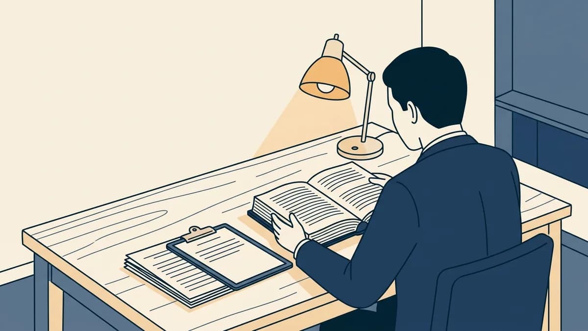 A clinician reads a bound statute book next to a stack of assessment questionnaires and a clipboard under a desk lamp.