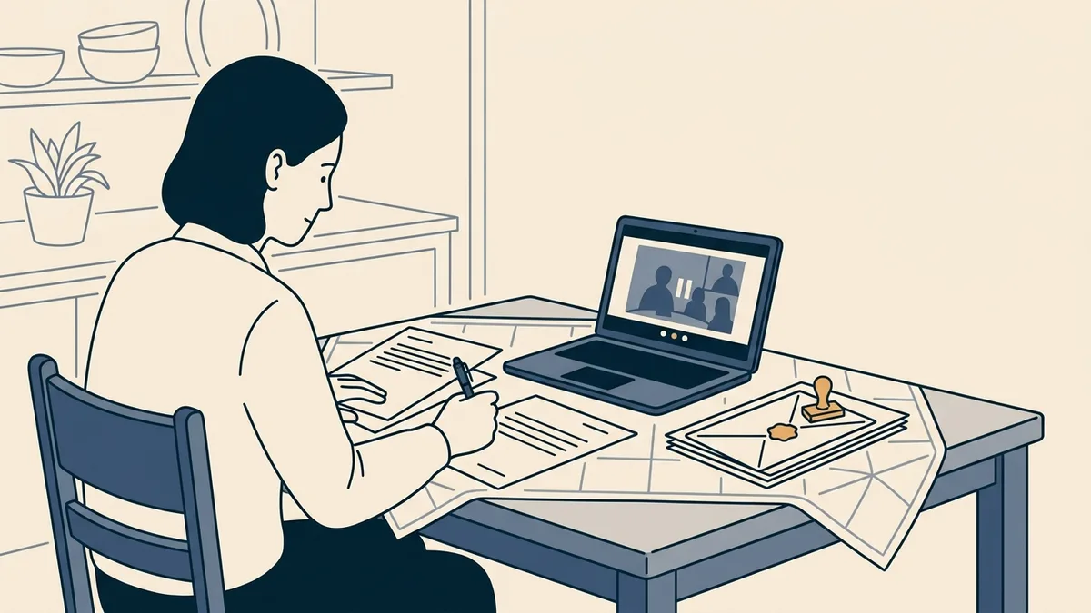 A client at home filling out an insurance claim form with a printed superbill and a laptop nearby.