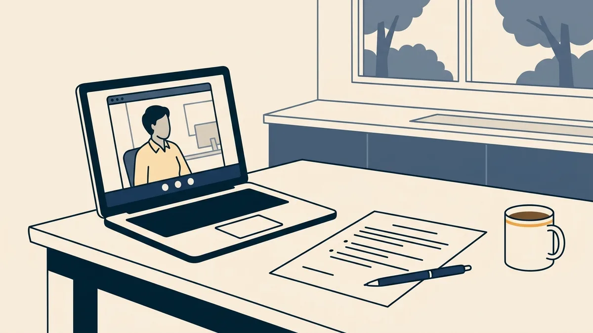 A client's kitchen table with a laptop video call, a printed consent form, a pen, and a coffee mug.