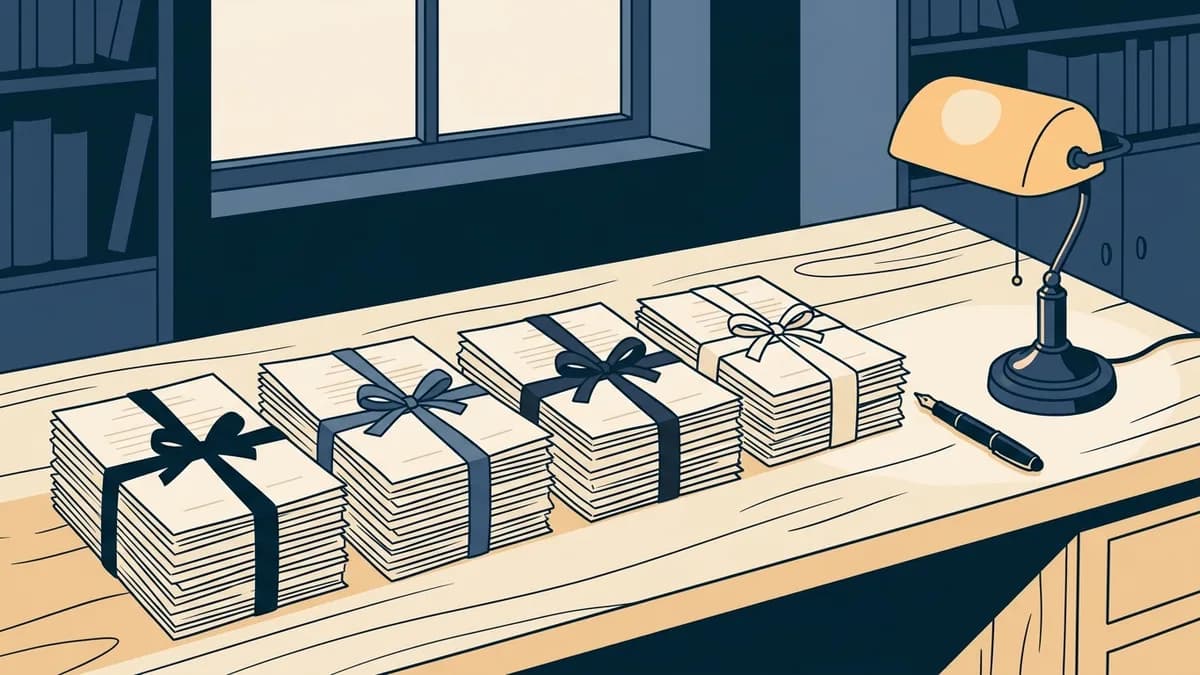 Four stacks of ribboned official documents on a desk beside a pen and lamp.