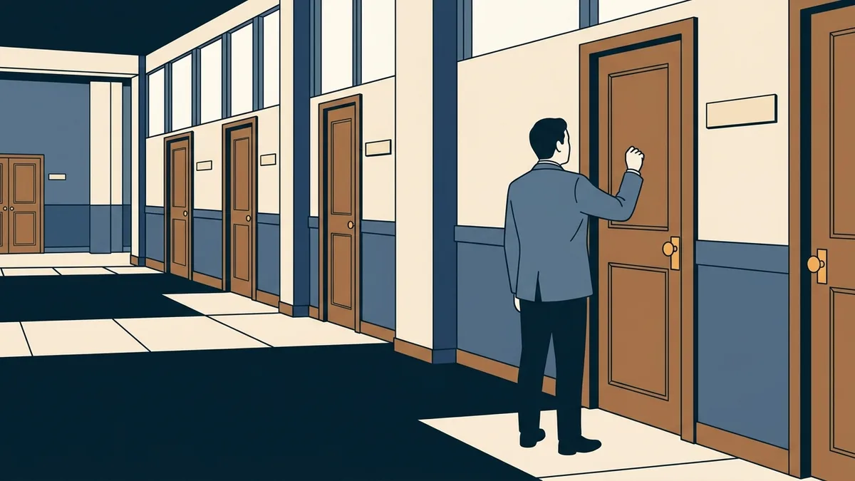 A person about to knock on one of many identical doors with blank nameplates in a long corridor.