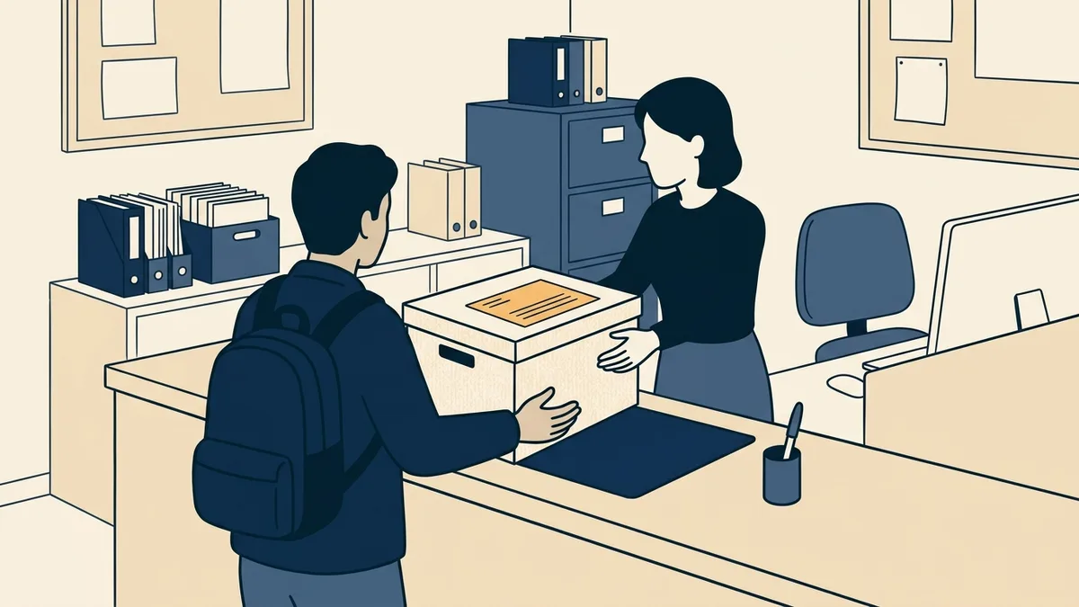 A box of academic records being transferred at a registrar counter after an institution closed.